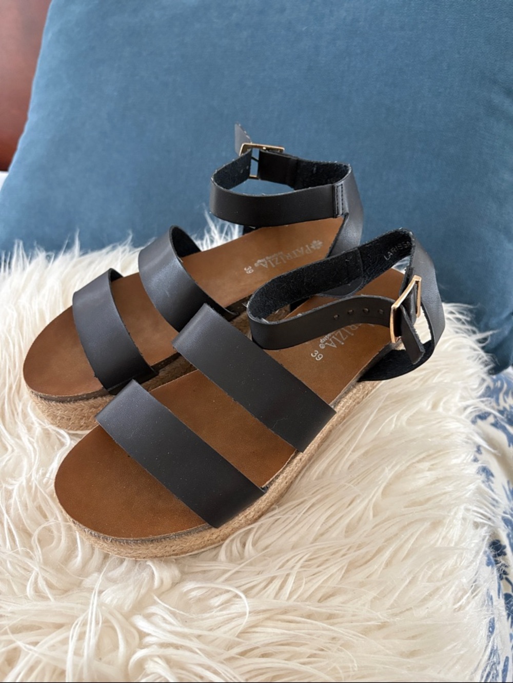 Spring Step Black Triple-Strap Platform Sandals with Ankle Buckle